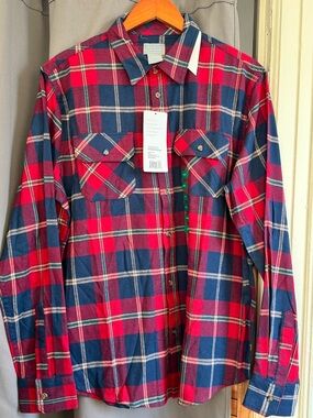 Men's Red and Navy Plaid Button-Down Shirt, Size L, NWT